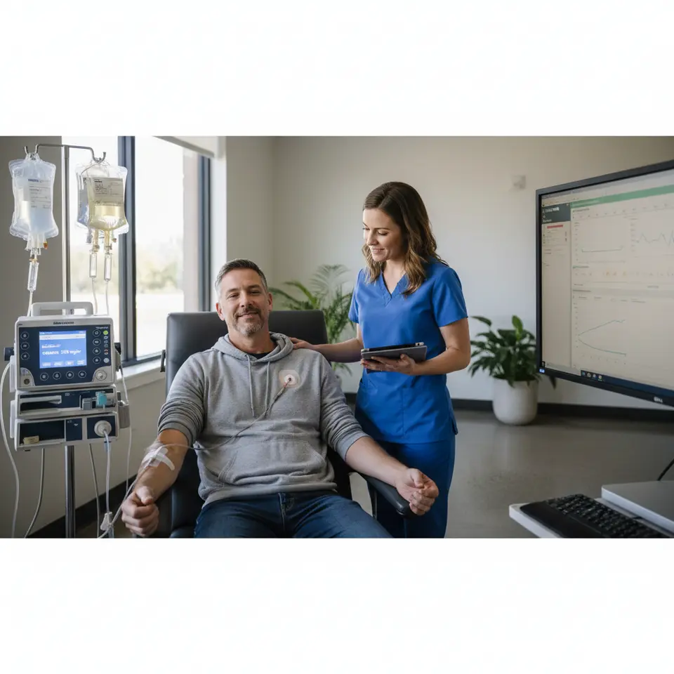 A detailed medical illustration of a patient receiving infusion therapy in a contemporary outpatient oncology suite: include a peripherally inserted central catheter (PICC) in the arm, an implanted port under the chest skin accessed with a specialized needle, a modern electronic infusion pump displaying dosage and flow rate, a nurse monitoring vital signs on a tablet, and a background computer screen showing real-time patient EHR data.