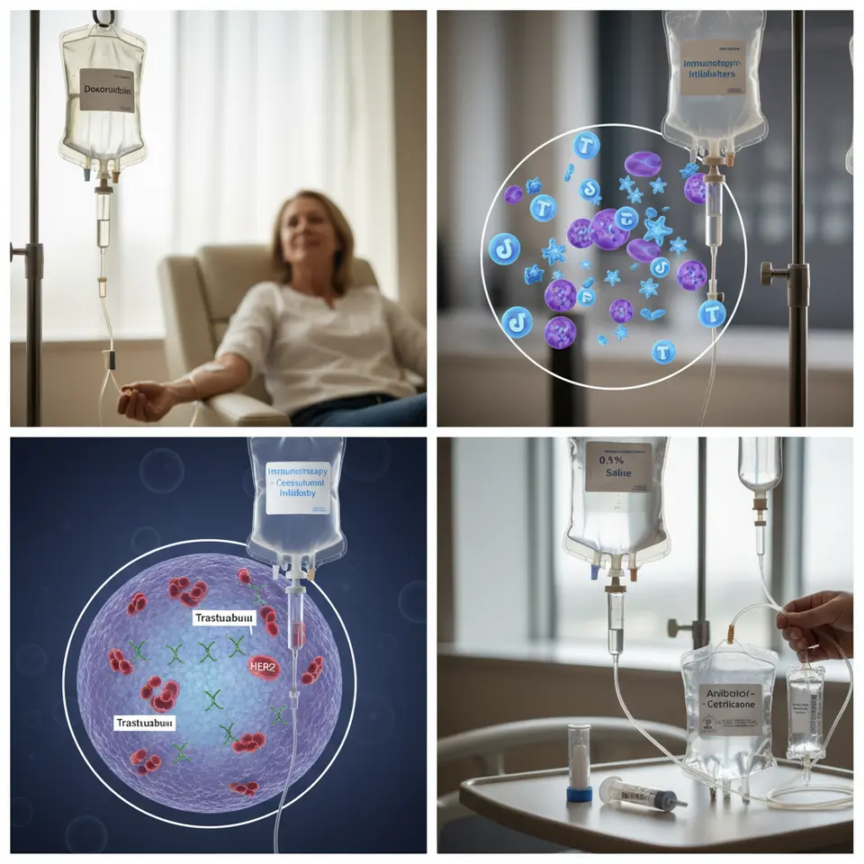 An informative split-panel infographic depicting four distinct cancer infusion regimens: Panel 1 – a chemotherapy IV bag labeled Doxorubicin infusing into a patient's arm; Panel 2 – an immunotherapy infusion of checkpoint inhibitors with stylized T-cell icons attacking cancer cells; Panel 3 – a targeted therapy monoclonal antibody (e.g., trastuzumab) binding to HER2 receptors on a tumor cell; Panel 4 – supportive infusions including a hydration bag, a G-CSF syringe, and an antibiotic IV set.